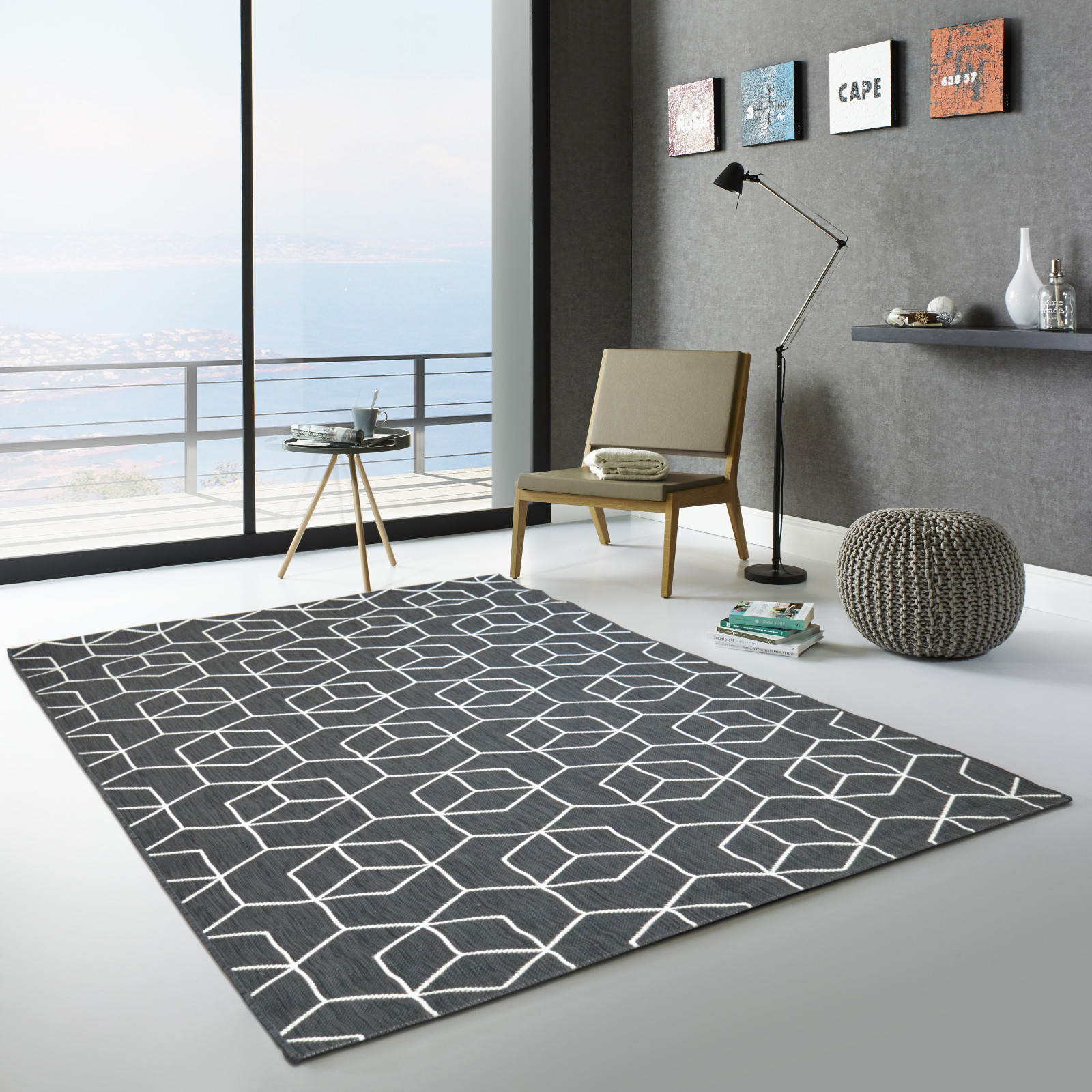 Tapis extérieur – Graphique Essenza cubes 3D noir – Terrasse Jardin Cuisine Bain