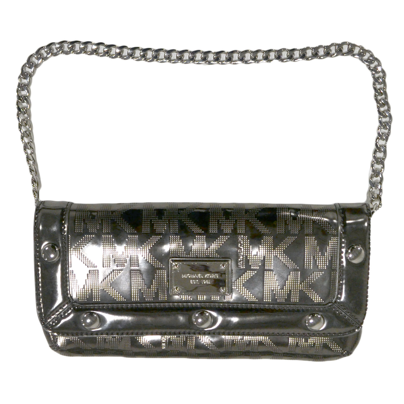 Michael Kors Femmes Sac à Main Pochette Nickel Chaîne Poignée Mk Logo Argent New