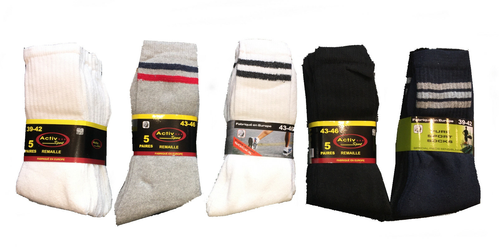 Lot de 5 à 70 paires de chaussettes tennis / sport Noir, Blanc, Gris ou couleurs Lot de 5 à 70 paires de chaussettes tennis / sport Noir, Blanc, Gris ou couleurs