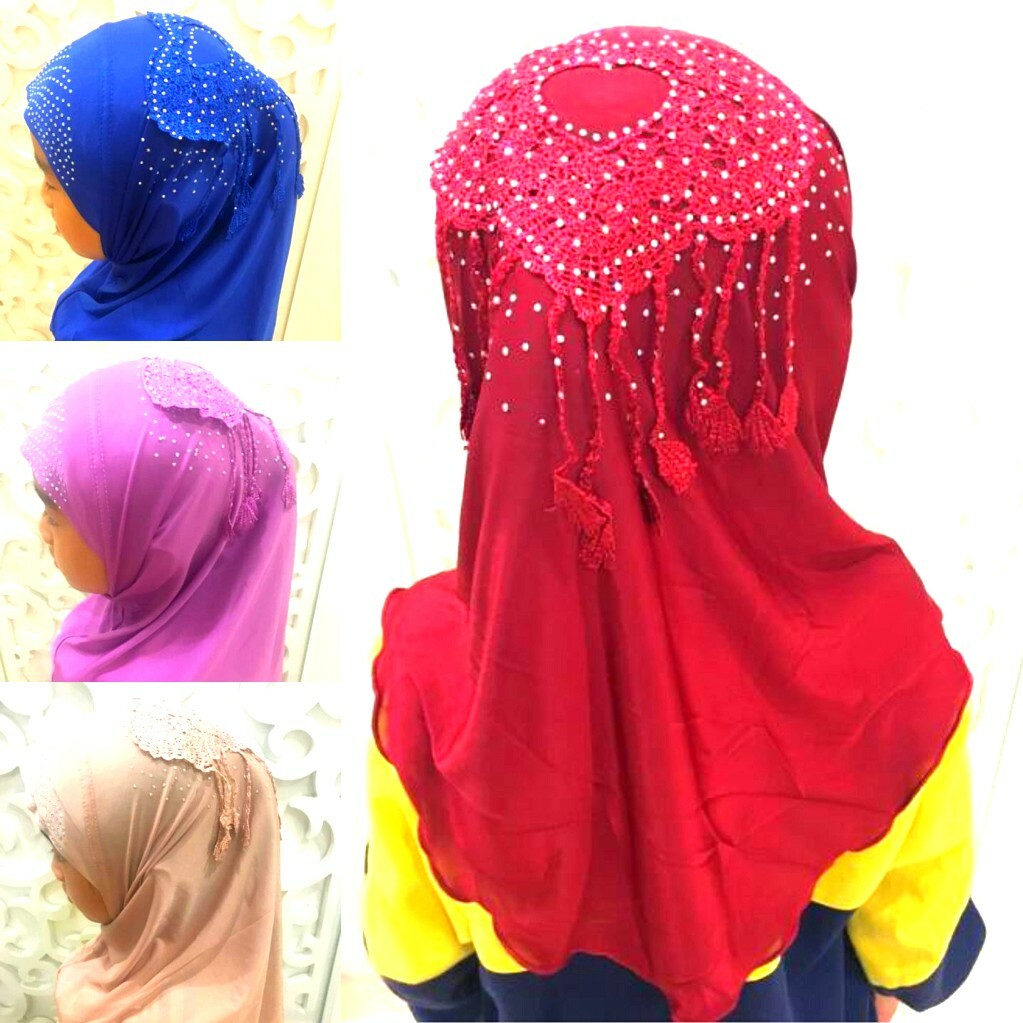 Mode Enfants Filles Musulman Islamique Arabe Strass Tassel Cap Hat Hijab