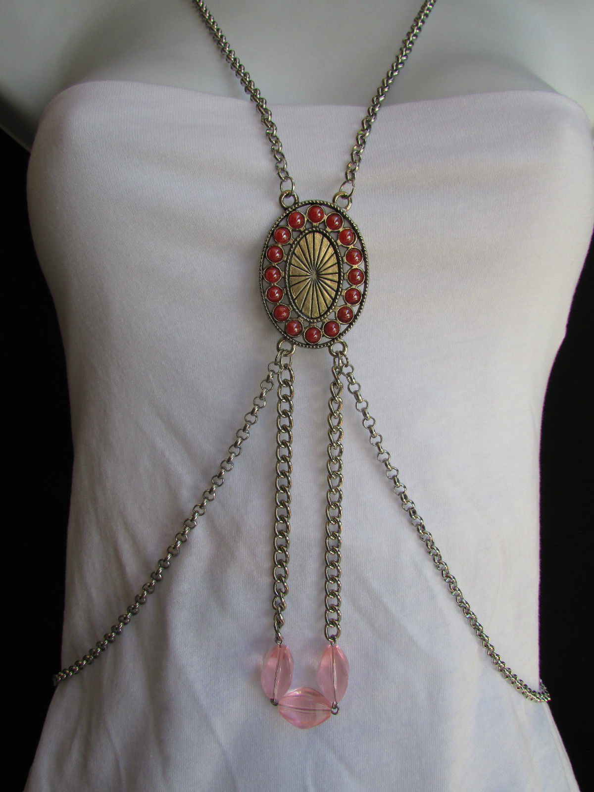 Neuf Femme Argent Métal Long Corps Chaîne Mode Bijoux Rose Perles Centre Pendant Neuf Femme Argent Métal Long Corps Chaîne Mode Bijoux Rose Perles Centre Pendant