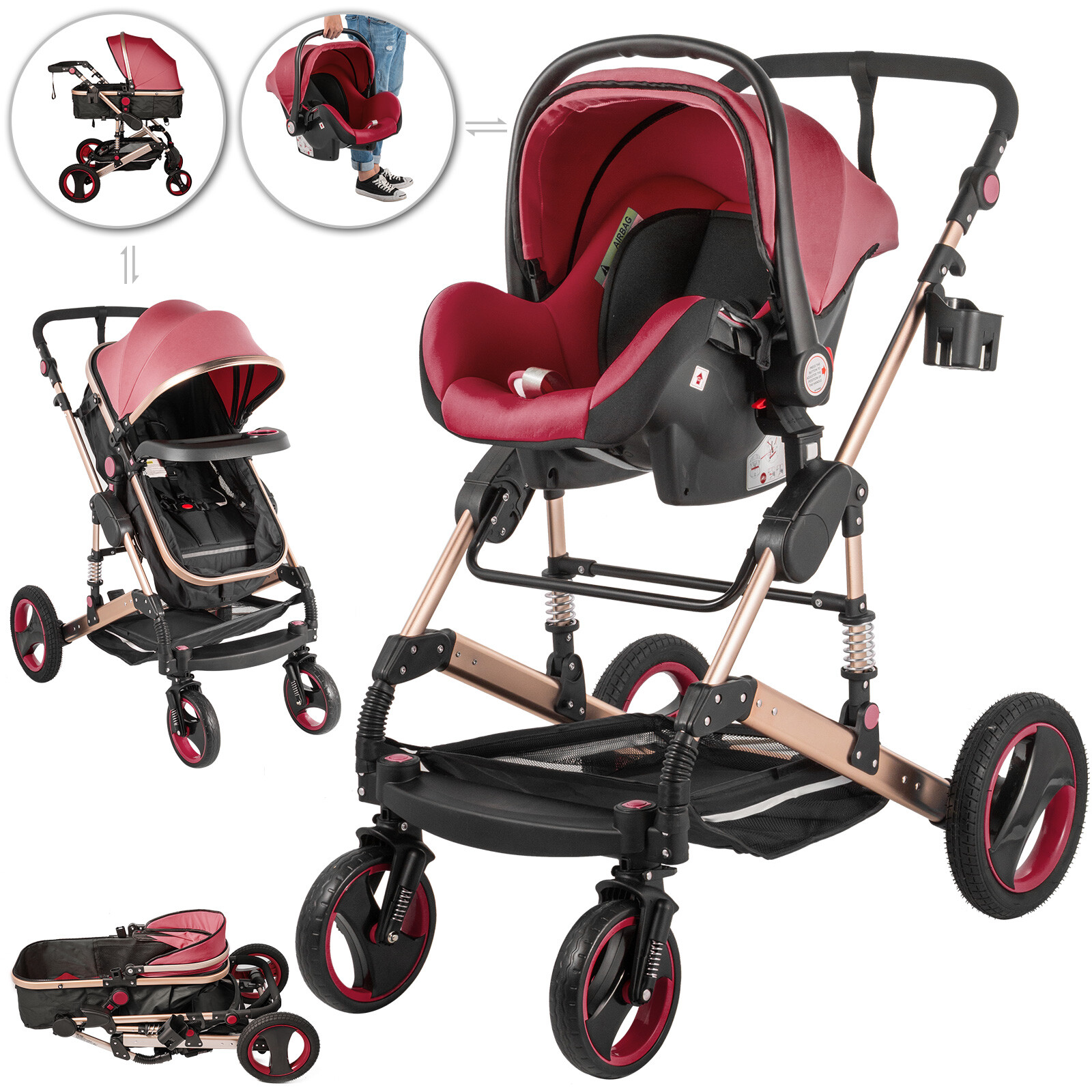 Poussette De Bébé Pliable 3 en 1+Auto Siège+Nacelle Landau Réglable Voyage Poussette De Bébé Pliable 3 en 1+Auto Siège+Nacelle Landau Réglable Voyage