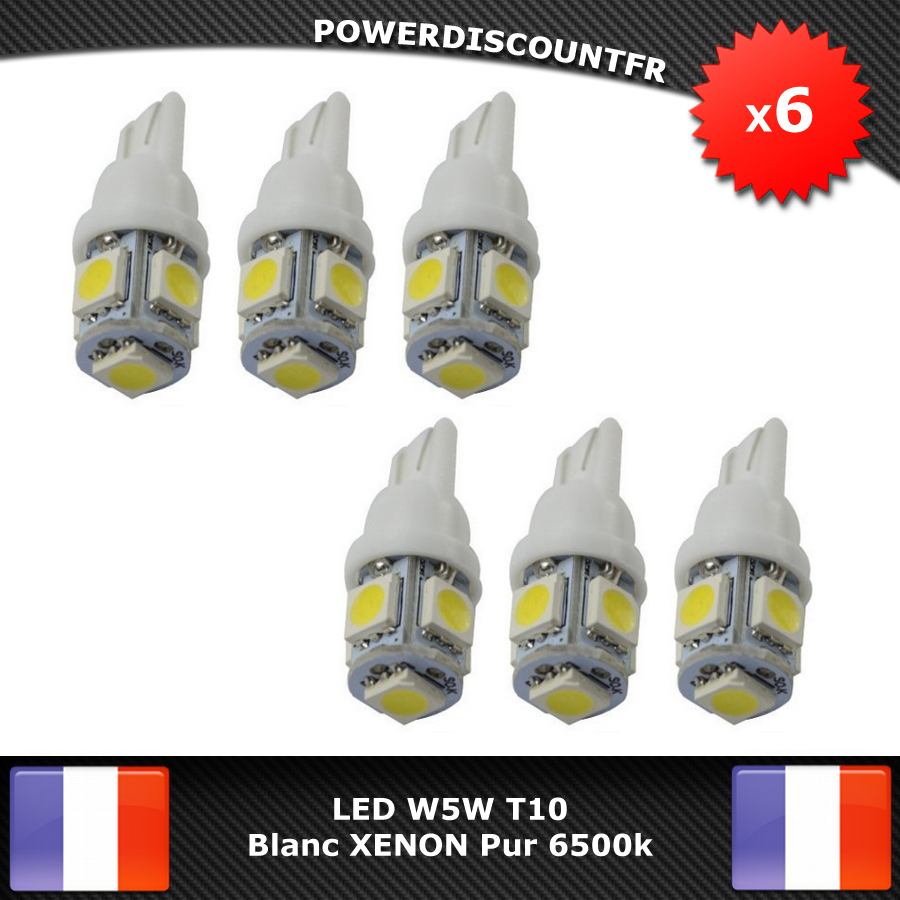 6 Veilleuses ampoules LED W5W T10 6500k Blanc XENON 5 SMD voiture moto 6 Veilleuses ampoules LED W5W T10 6500k Blanc XENON 5 SMD voiture moto