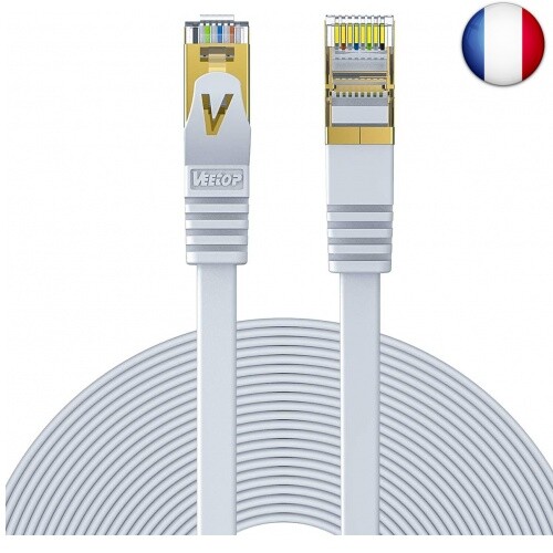 Veetop 20m Cable Ethernet Rj45 Plat Cat 7 Câble de Réseau 10 Gigabit/s Blanc Veetop 20m Cable Ethernet Rj45 Plat Cat 7 Câble de Réseau 10 Gigabit/s Blanc