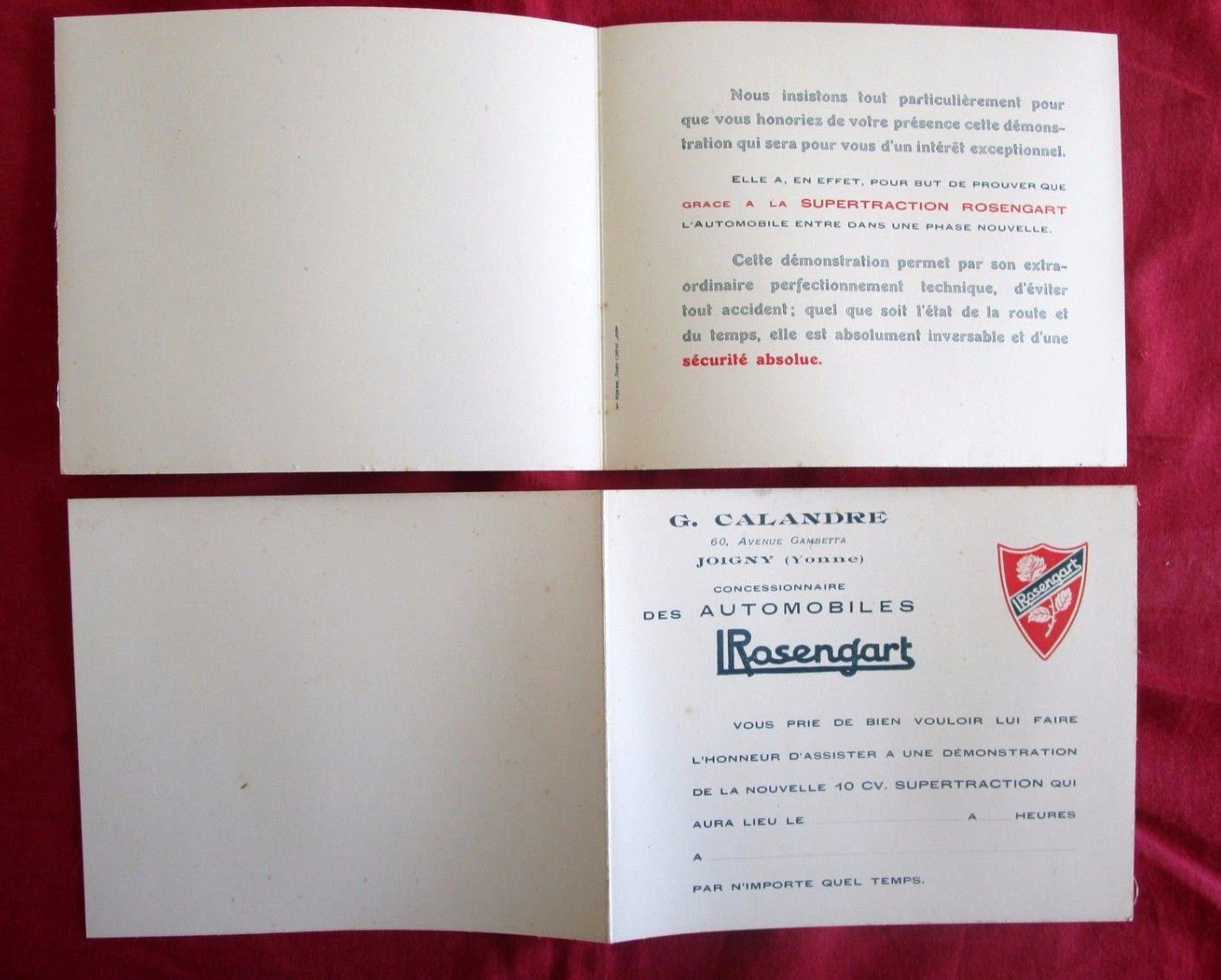 Auto L. Rosengart  10 cv supertraction  dépliant carte invitation démonstration