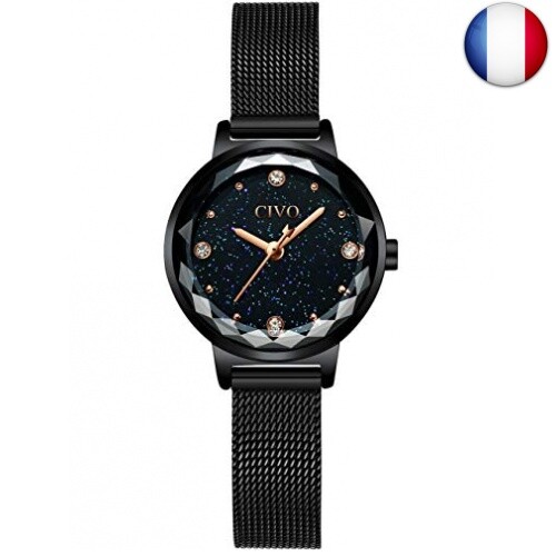 CIVO Montres Femmes Silm Acier Inoxydable Montre Bracelet à Quartz Noir