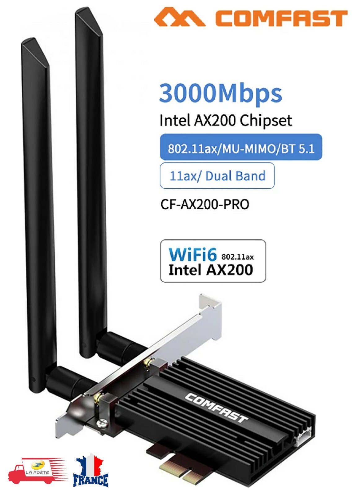 Carte Réseau Wifi 6 + Bluetooth 5.1, 802.11AX 2.4G/5Ghz PCI Express 3000Mbps Carte Réseau Wifi 6 + Bluetooth 5.1, 802.11AX 2.4G/5Ghz PCI Express 3000Mbps