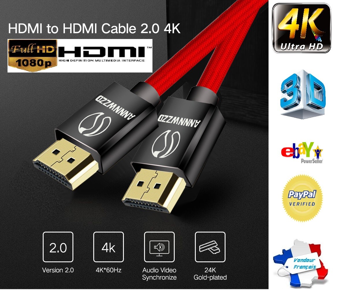 4K Câble HDMI 2.0 Plaqué or Tressé ULTRA FULL HD TV PC PS3 PLAYSTATION 3D 60Hz 4K Câble HDMI 2.0 Plaqué or Tressé ULTRA FULL HD TV PC PS3 PLAYSTATION 3D 60Hz