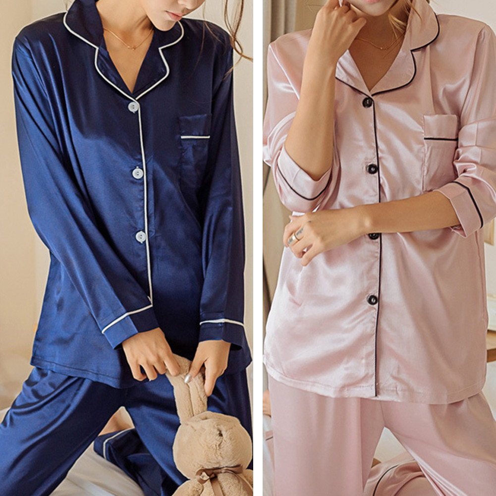 Ensemble de pyjamas en satin de soie manches longues Vêtements pour femmes A Ensemble de pyjamas en satin de soie manches longues Vêtements pour femmes A