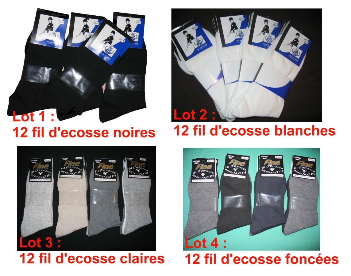12 PAIRES CHAUSSETTES FIL D’ECOSSE – 4 LOTS AU CHOIX – 39/42 ou 43/46 12 PAIRES CHAUSSETTES FIL D’ECOSSE – 4 LOTS AU CHOIX – 39/42 ou 43/46