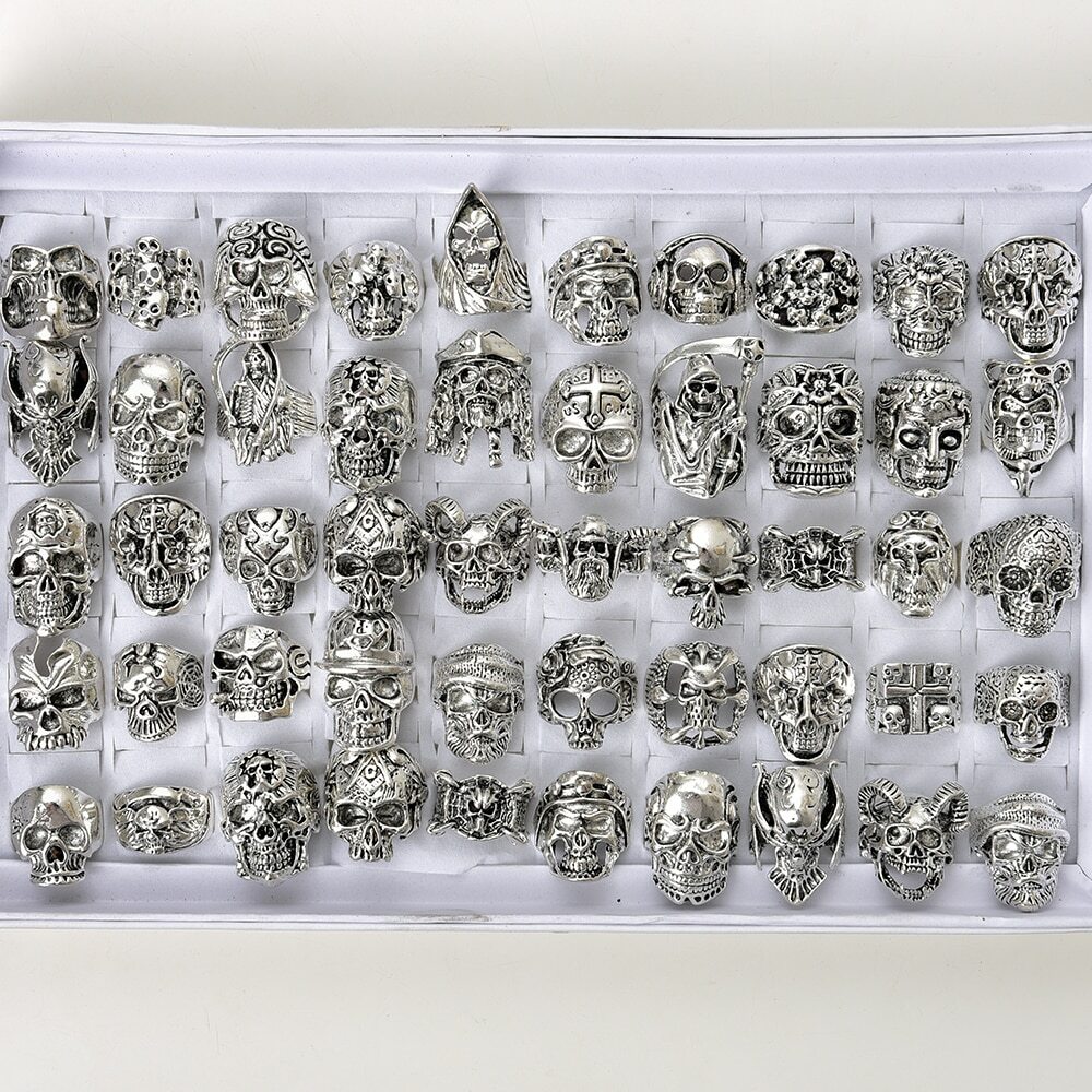 Bagues en métal pour hommes, bijoux Vintage, couleur argent, gothique, crâne, Bagues en métal pour hommes, bijoux Vintage, couleur argent, gothique, crâne,