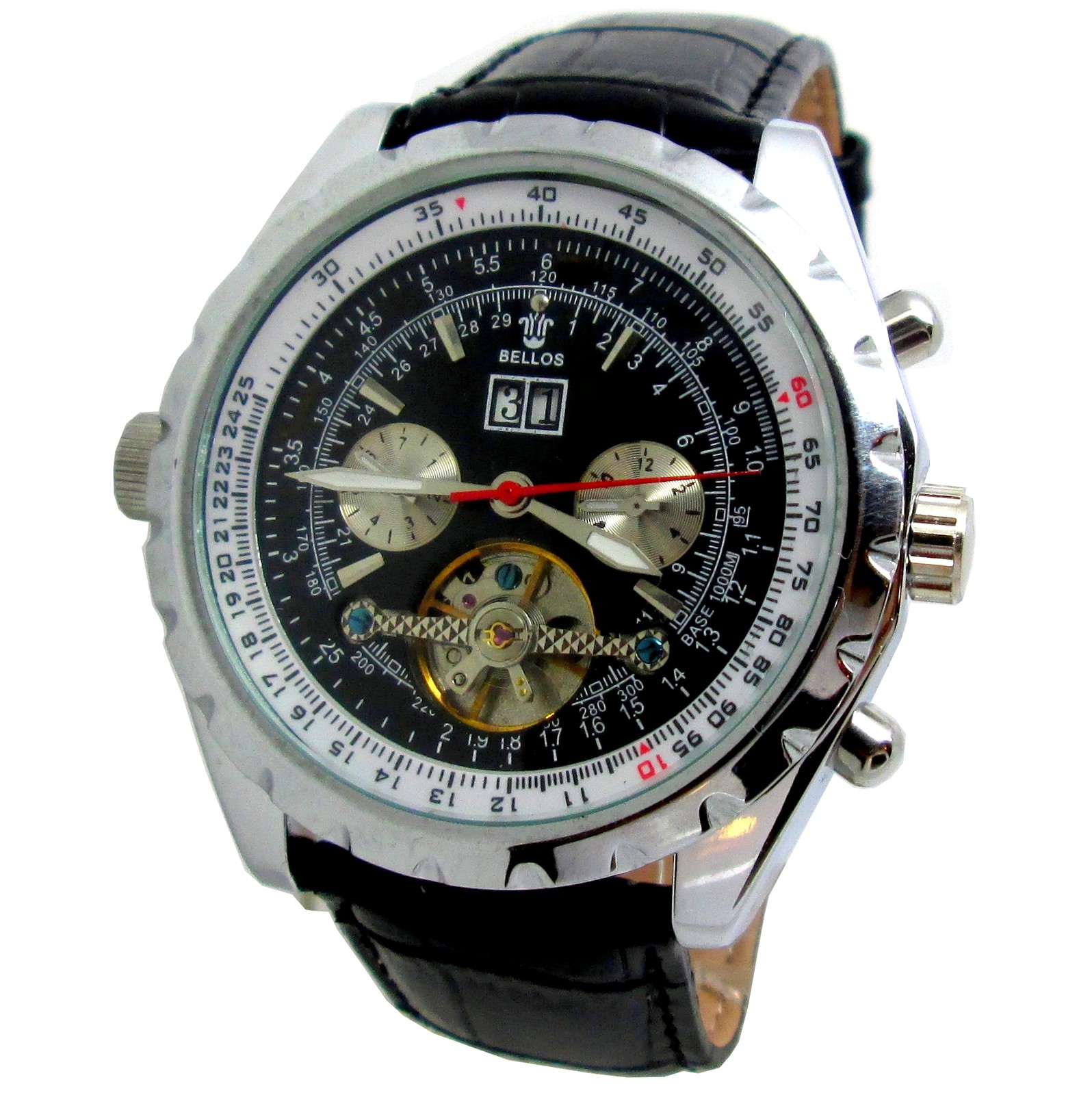 MONTRE HOMME AUTOMATIQUE CUIR NOIR MECANISME APPARENT ACIER SQUELETTE BELLOS ICE