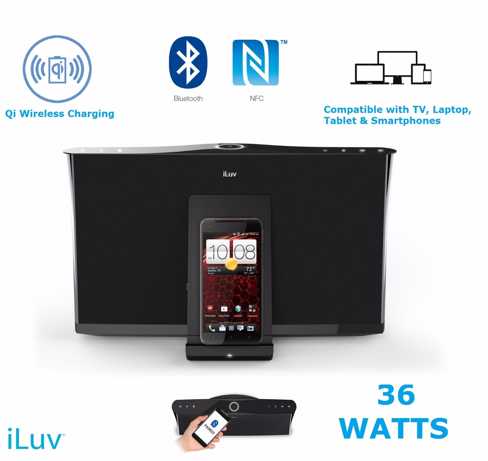 iLuv 36W Bluetooth NFC Universal Haut-Parleurs sans Fil Station D’Accueil QI iLuv 36W Bluetooth NFC Universal Haut-Parleurs sans Fil Station D’Accueil QI