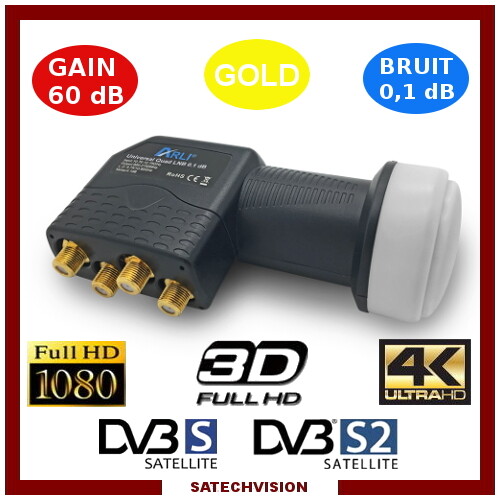 LNB Quad Tête Universelle 0,1 dB Gain 60 dB Full HD 3D Ultra HD 4K Gold LNB Quad Tête Universelle 0,1 dB Gain 60 dB Full HD 3D Ultra HD 4K Gold