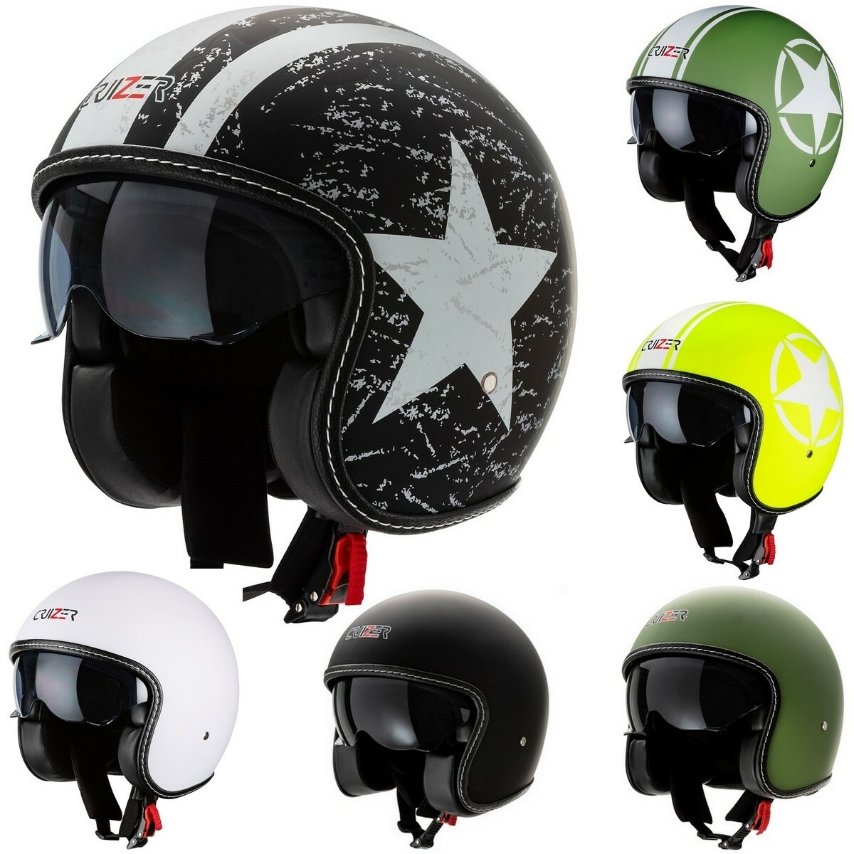 CRUIZER Casco Moto Jet Custom Scooter Omologato Visiera Sole Interna Vintage Ban CRUIZER Casco Moto Jet Custom Scooter Omologato Visiera Sole Interna Vintage Ban