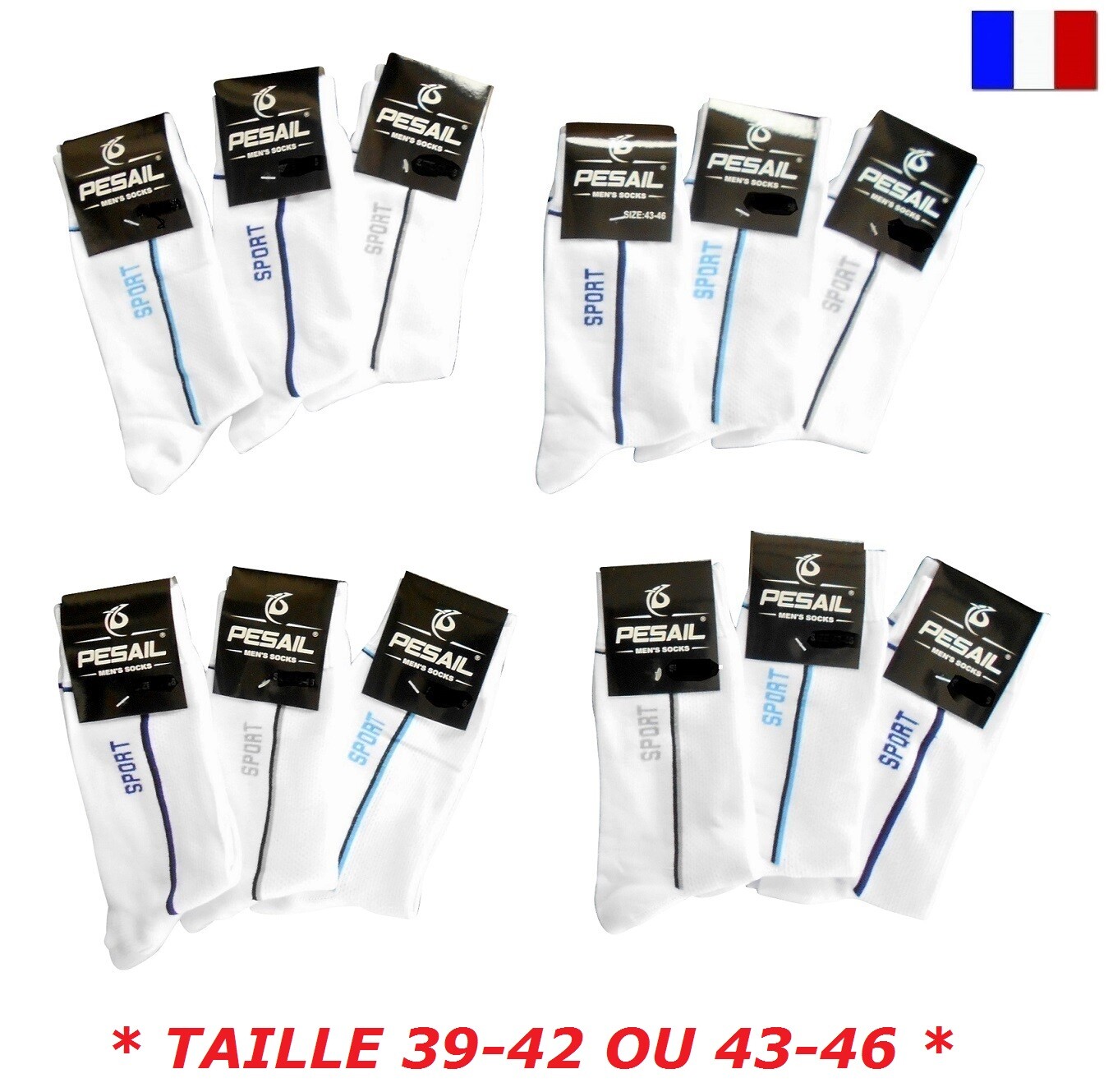 12 OU 24 PAIRES DE CHAUSSETTES SPORT HOMME GARCON TENNIS COTON TALON RENFORCE