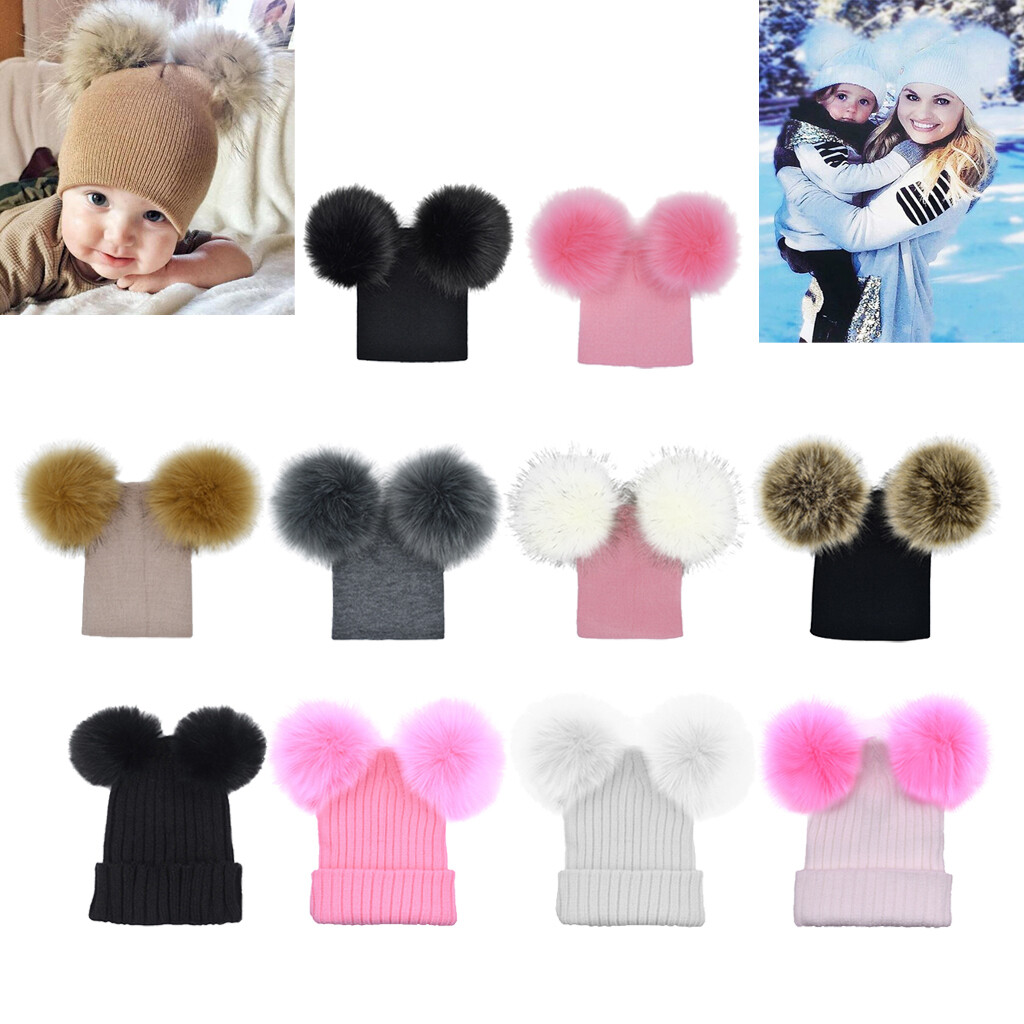 Mode bébé enfants chapeau d’hiver laine tricoté chaud double pompon bonnet Mode bébé enfants chapeau d’hiver laine tricoté chaud double pompon bonnet