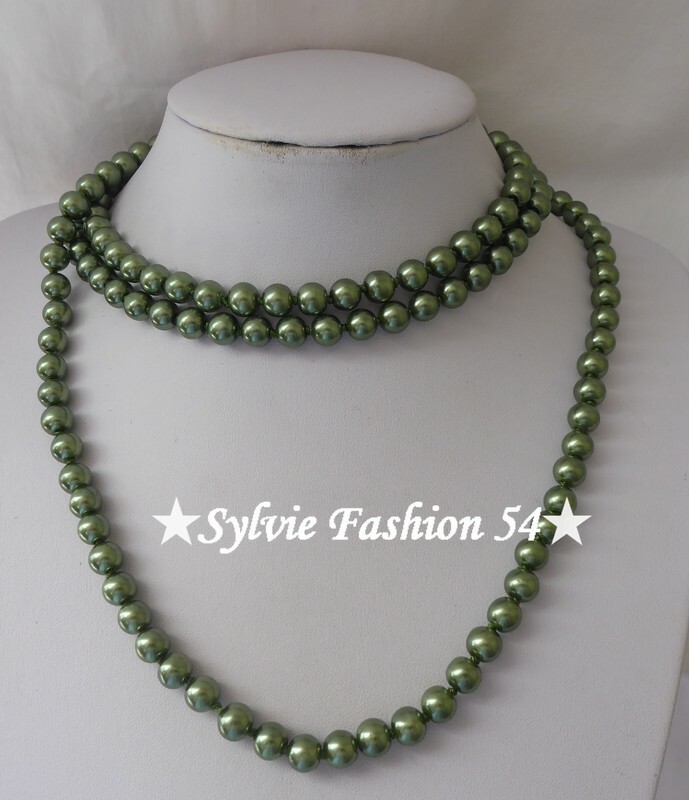 COLLIER SAUTOIR FANTAISIE FEMME BIJOUX PERLE DE VERRE RETRO VERT KAKI COLLIER SAUTOIR FANTAISIE FEMME BIJOUX PERLE DE VERRE RETRO VERT KAKI
