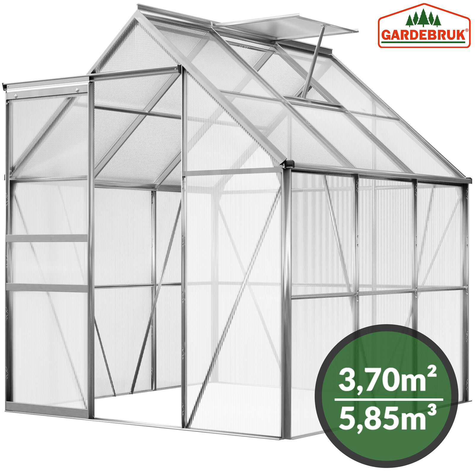 Serre de jardin en aluminium 5,85m³ avec fenêtre de toit et gouttière Serre de jardin en aluminium 5,85m³ avec fenêtre de toit et gouttière
