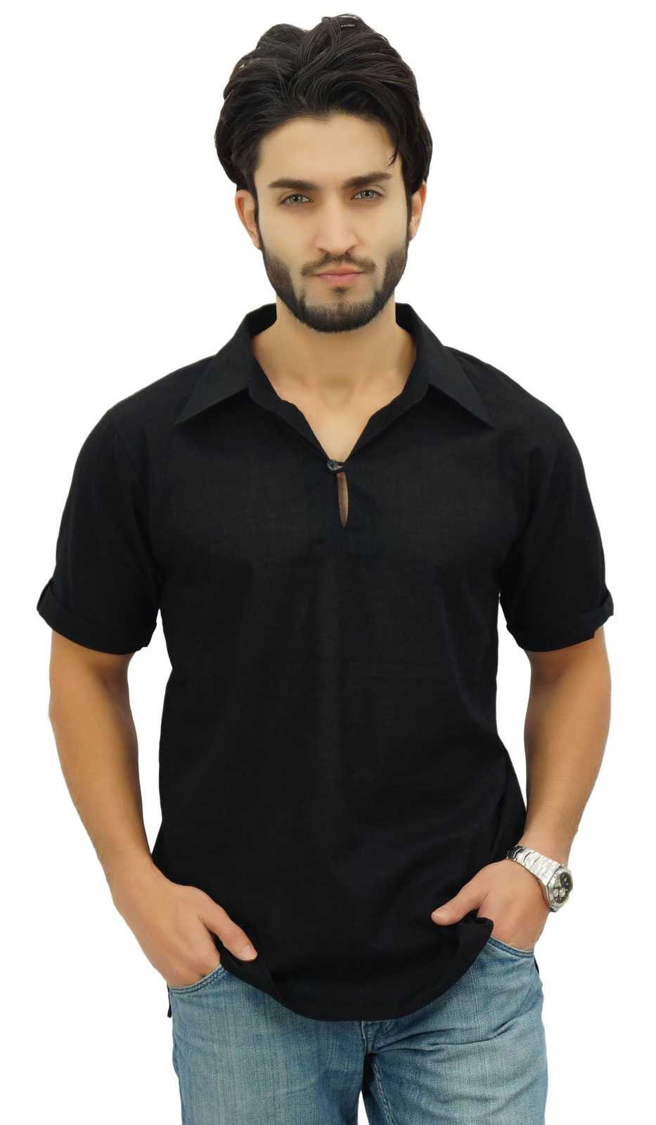 chemise indienne vêtements casual col court en coton noir kurta hommes Atassi