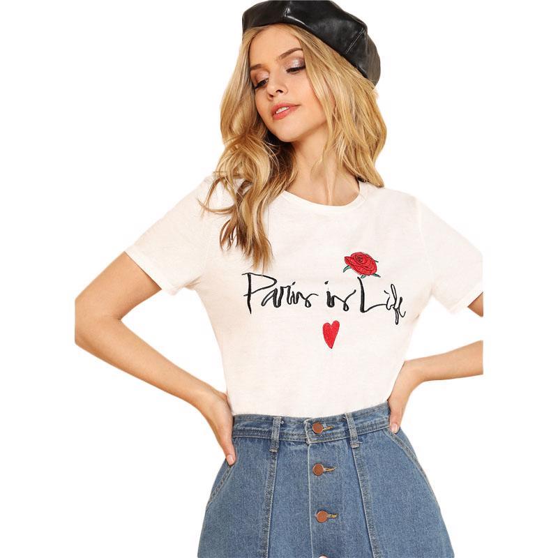 Manches Courtes Col Rond Vêtements pour Femmes Lettre Et Brodé Fleur Modèles Manches Courtes Col Rond Vêtements pour Femmes Lettre Et Brodé Fleur Modèles