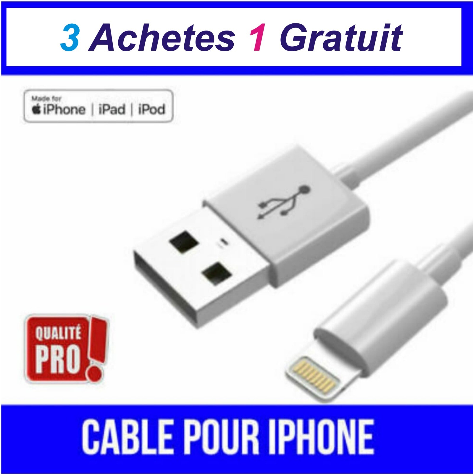CABLE POUR IPHONE X 8 7 6 5 S SE PLUS IPOD IPAD CHARGEUR USB RENFORCÉ BLANC 1M CABLE POUR IPHONE X 8 7 6 5 S SE PLUS IPOD IPAD CHARGEUR USB RENFORCÉ BLANC 1M