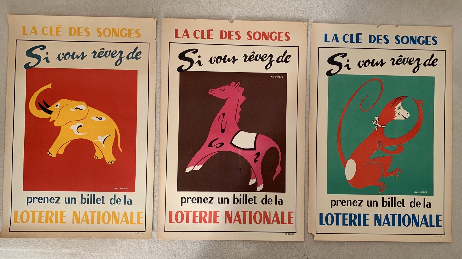 Série de 3 affiches loterie “La clé des songes – 1955 – Max Dufour Série de 3 affiches loterie “La clé des songes – 1955 – Max Dufour