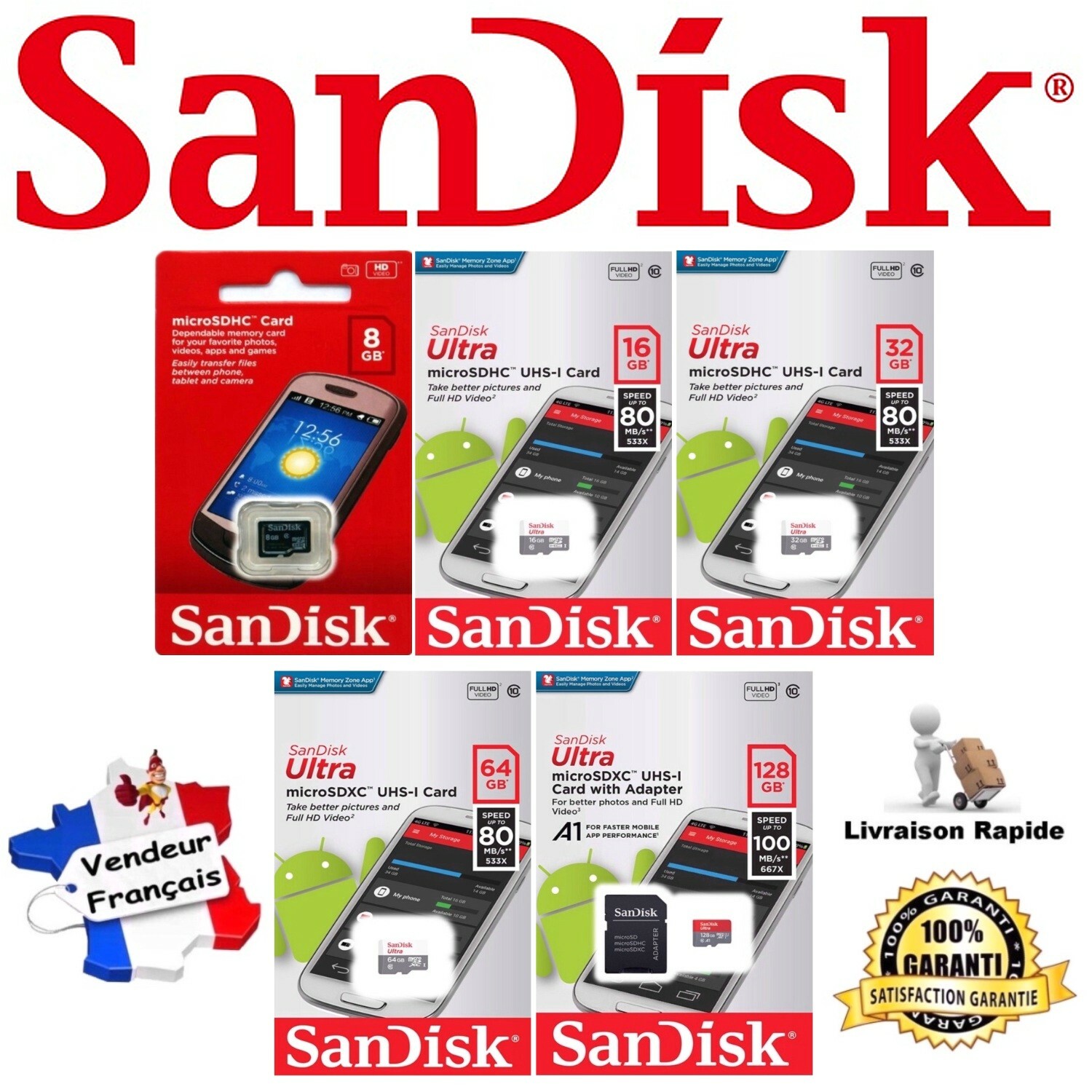 Carte Mémoire SANDISK Micro SD SDHC SDXC ( Capacité : 8 16 32 ou 64 Go Gb Giga ) Carte Mémoire SANDISK Micro SD SDHC SDXC ( Capacité : 8 16 32 ou 64 Go Gb Giga )
