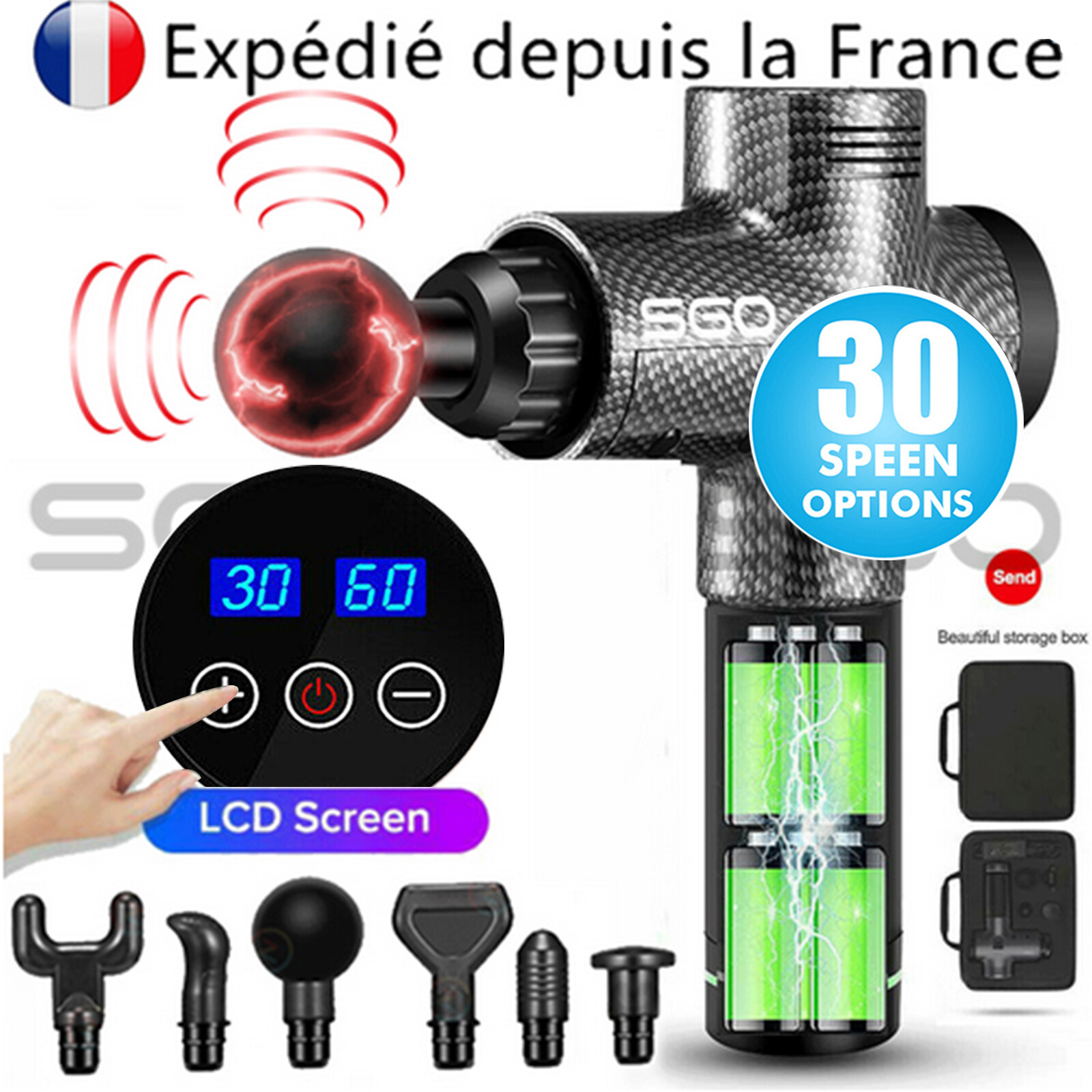 LCD Electric Massage Gun Massage pistolet Massager Muscle Appareil avec 6 têtes