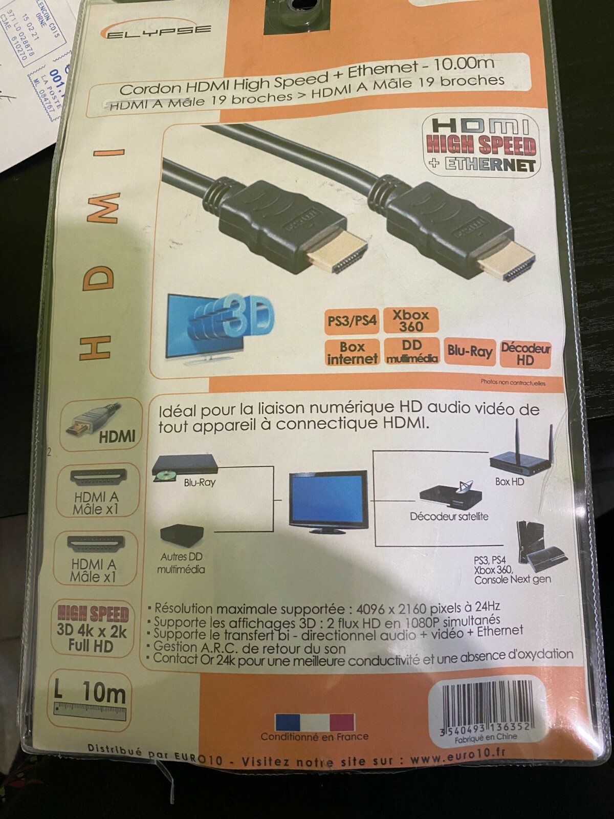 10m Câble HDMI 4K compatible avec HDMI 2.0a/b, 2.0, 1.4a 4K Ultra HD 3D, Full HD