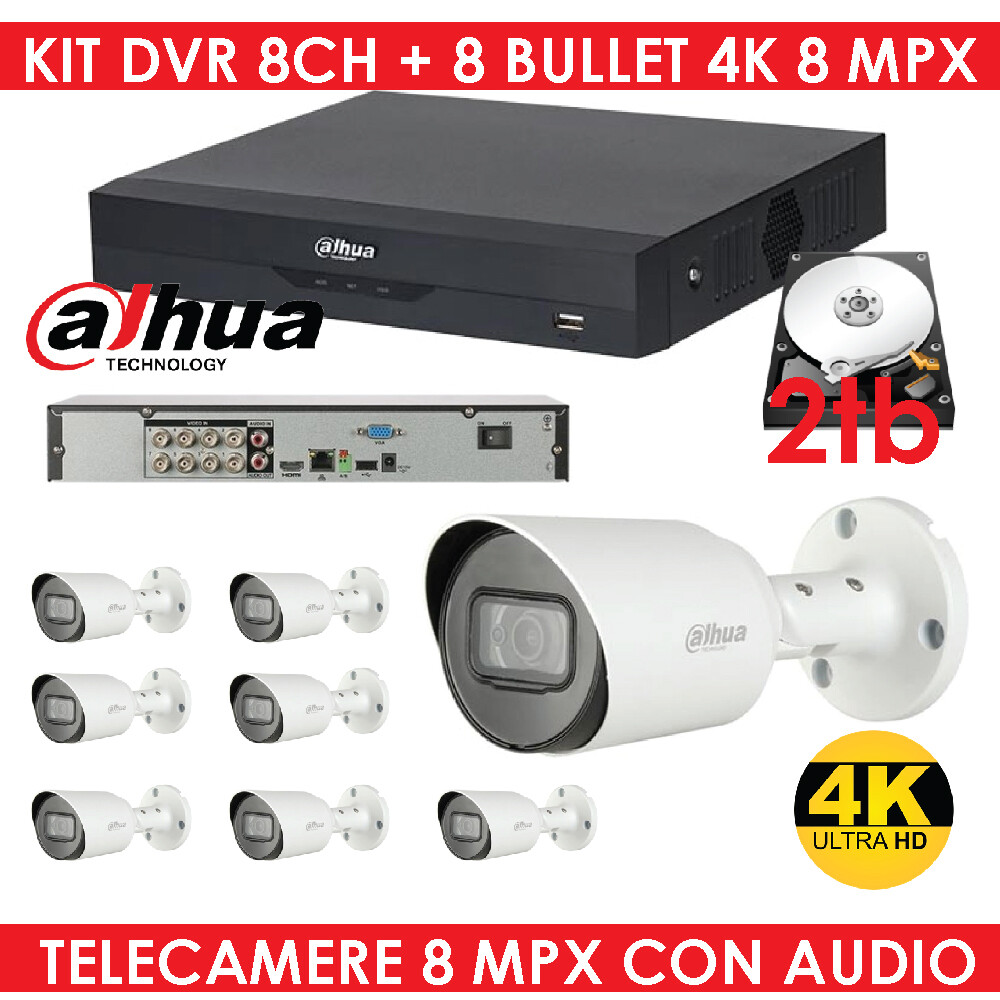 KIT VIDEOSORVEGLIANZA 8 CANALI 4K ULTRA HD 8 MPX DVR 8 + 8 TELECAMERE 8 MPX BULL