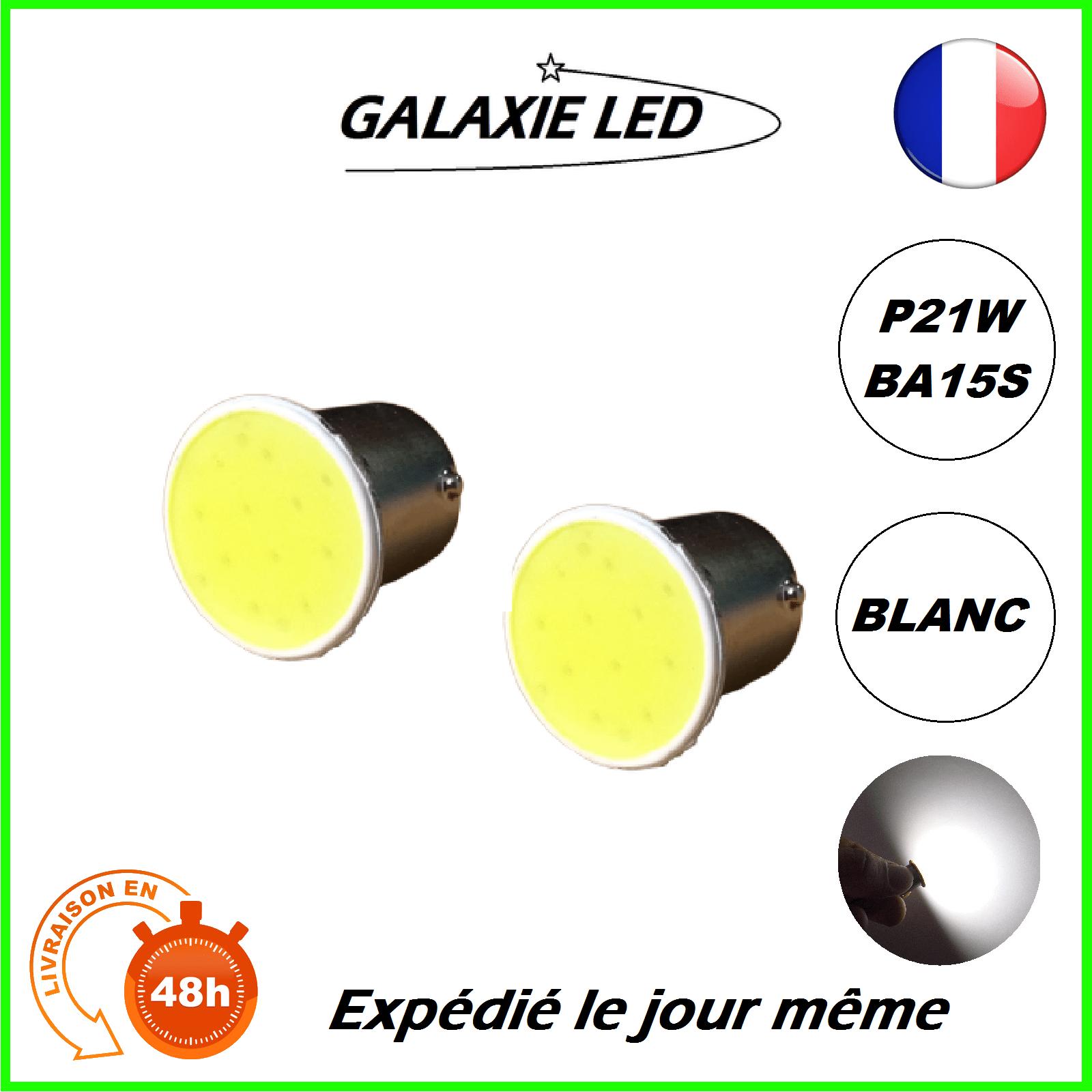 KIT 2 AMPOULE LED P21W BA15S BLANC 6000K FEUX DE RECUL AUTO MOTO VOITURE