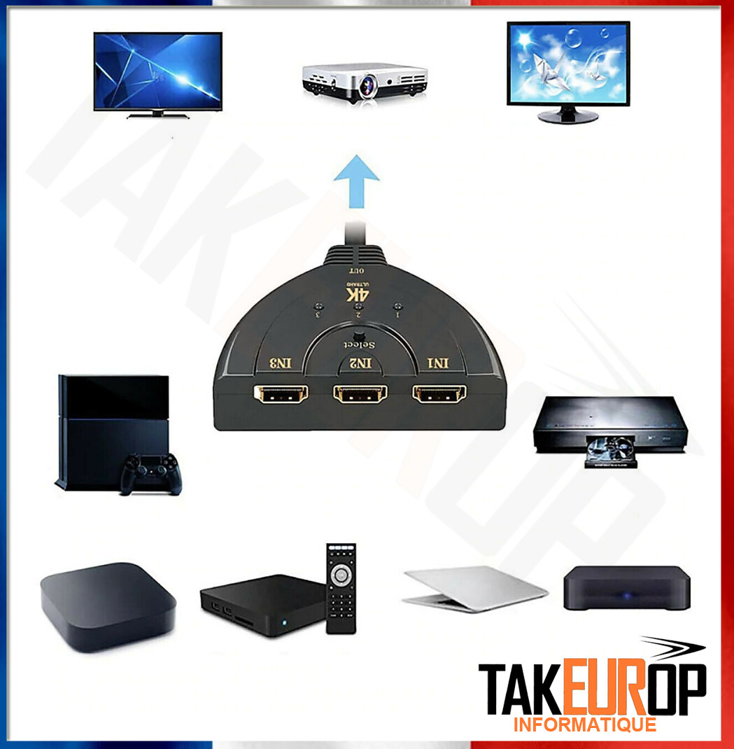 Hdmi Répartiteur 4K Ultra HD Switch Commutateur 3 Entrées 1 Sortie Splitter FR