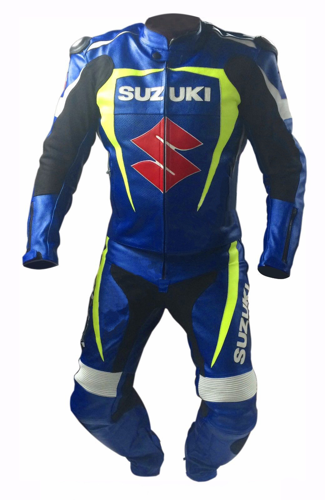 SUZUKI Bleu VÊTEMENT EN CUIR DE MOTOCYCLETTE CUIR BIKER VESTE PANTALON EU 48,56 SUZUKI Bleu VÊTEMENT EN CUIR DE MOTOCYCLETTE CUIR BIKER VESTE PANTALON EU 48,56