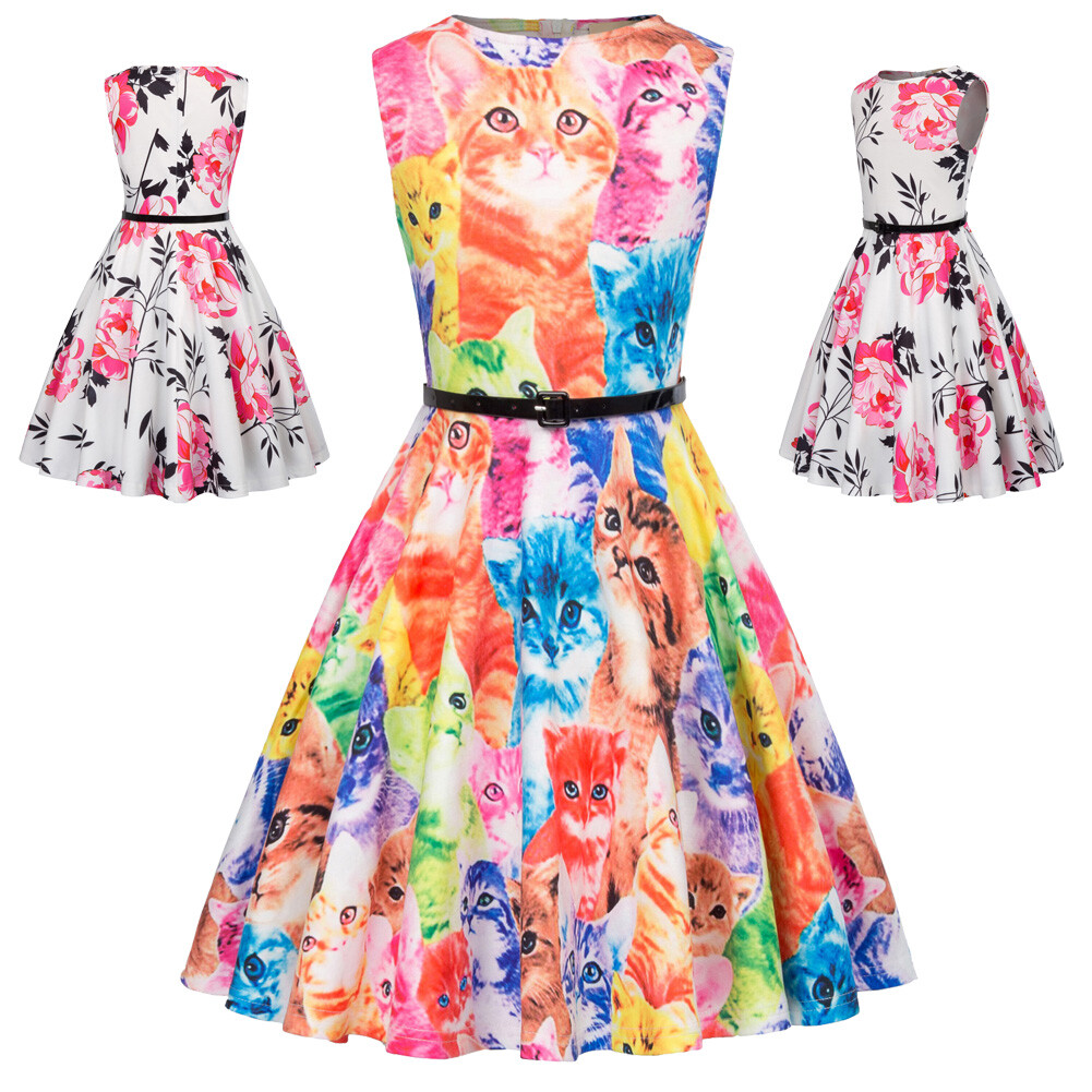 Mode Enfants Filles Vintage Rétro Fleur / Chat Motif Été Robe sans Manches Mode Enfants Filles Vintage Rétro Fleur / Chat Motif Été Robe sans Manches