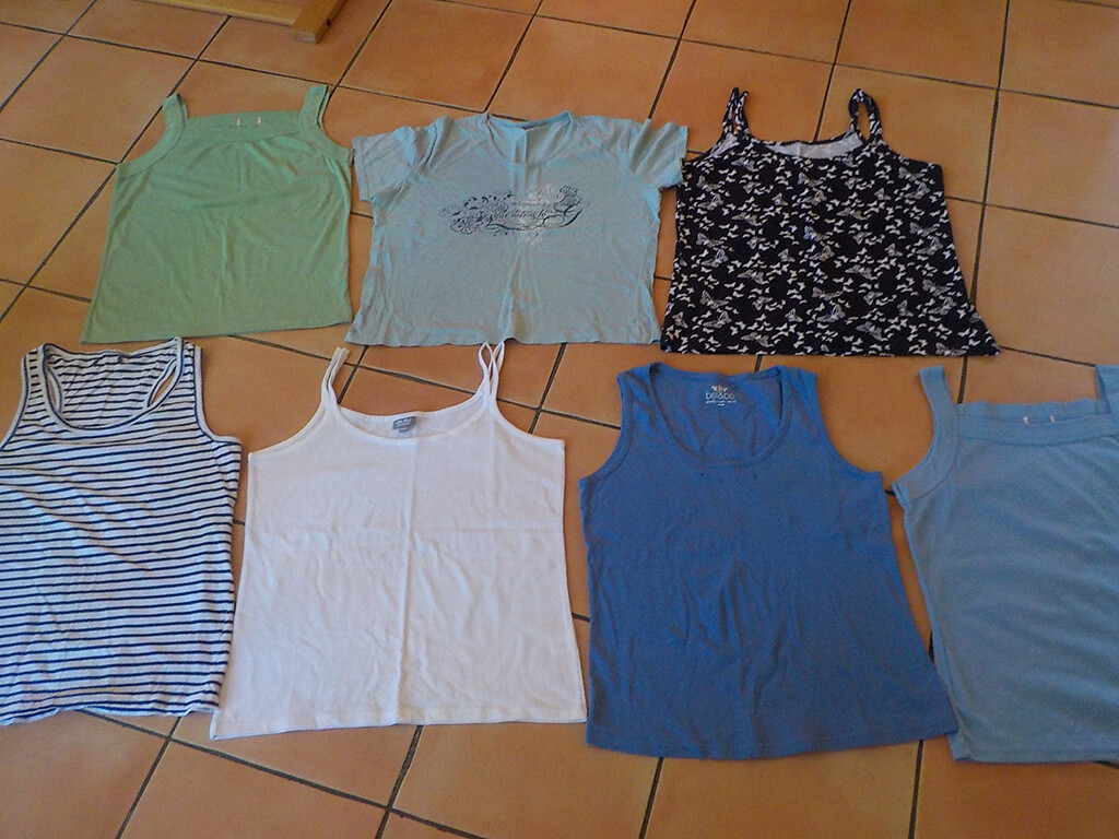 Lot 8 vêtements gilet boléro t shirt débardeur taille 48 50 TBE Lot 8 vêtements gilet boléro t shirt débardeur taille 48 50 TBE
