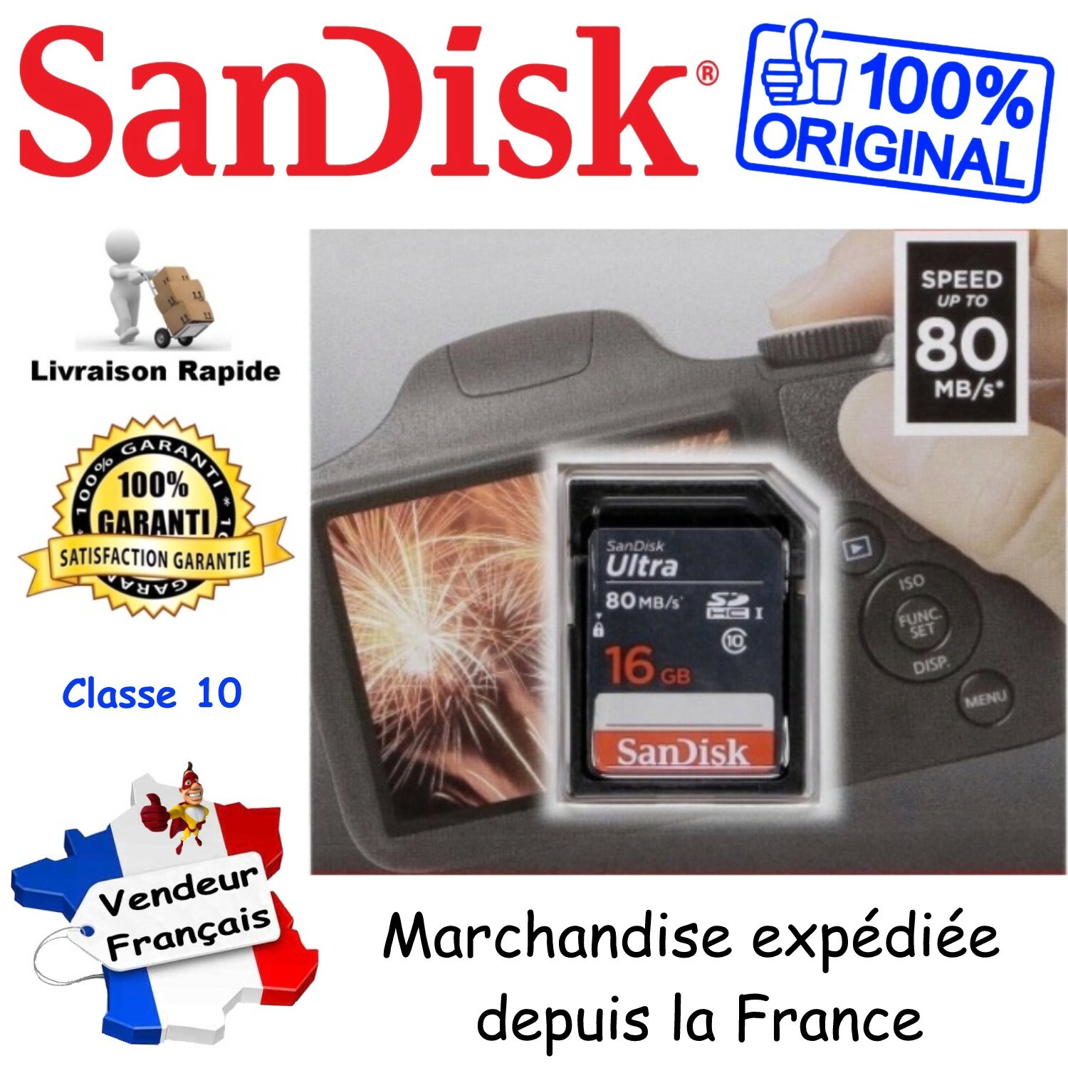 SANDISK Carte Mémoire SD SDHC 16 Go ( Gamme Ultra Lite 80 Mo/s UHS-I Classe 10 )