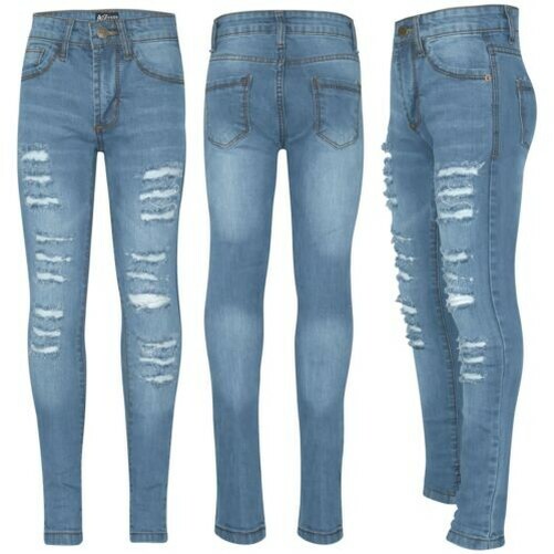 Enfants Jeans Skinny Fille Déchiré Mode Extensible Bleu Clair Pantalon Jegging