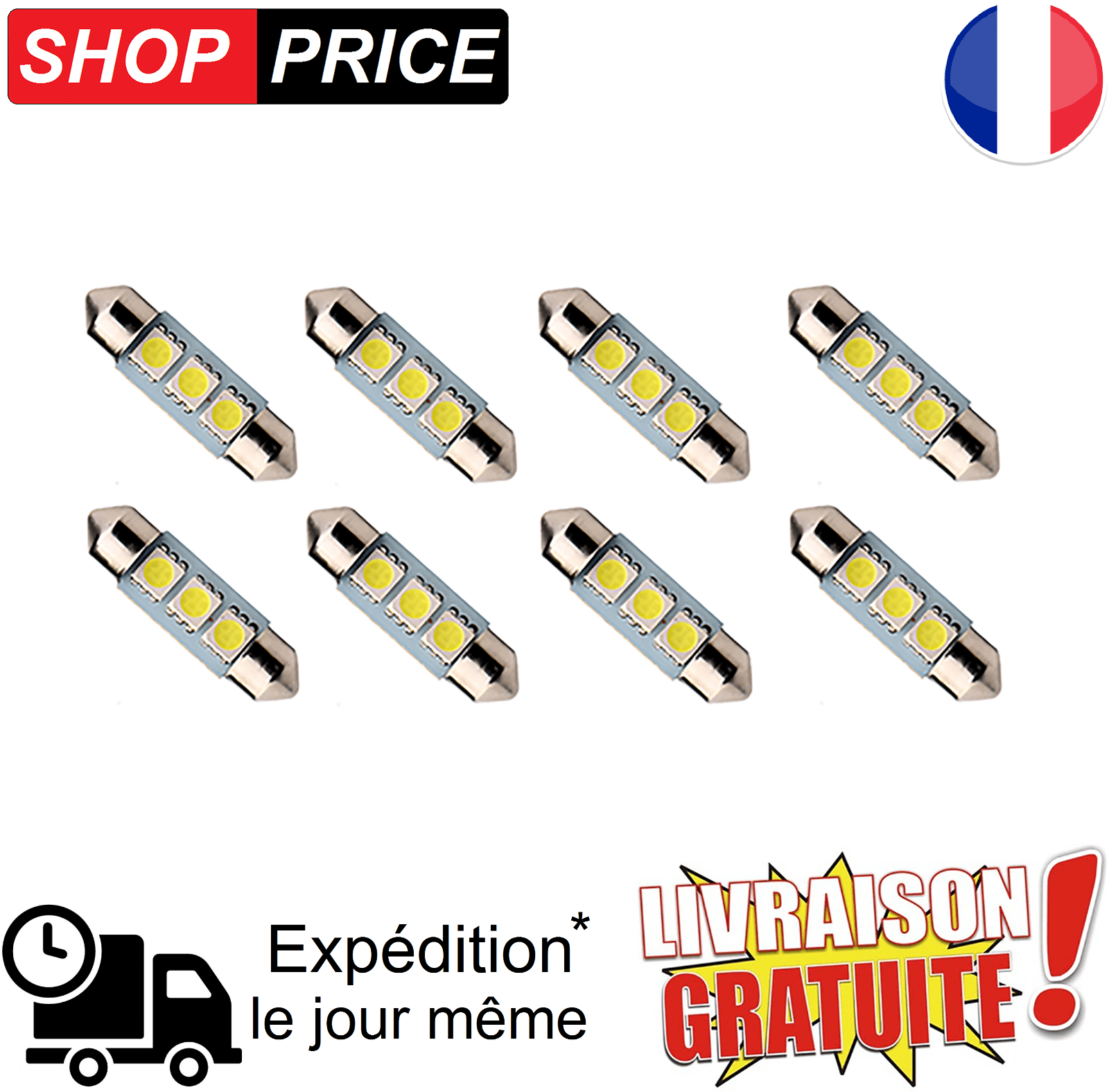 8 veilleuses ampoule voiture / moto LED C5W 6000K Blanc XENON 5050 3 SMD