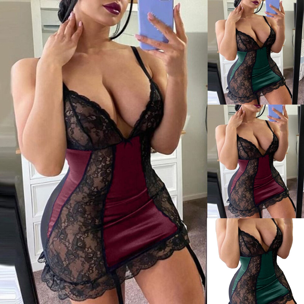 Chemise de nuit à bretelles en dentelle sexy pour femmes Lingerie Vêtements QK