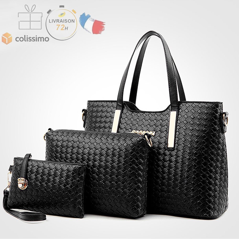 Bag Set Sacs femme: Sac à Main + Sac à Bandoulière + Sac Key Similicuir Noir Bag Set Sacs femme: Sac à Main + Sac à Bandoulière + Sac Key Similicuir Noir