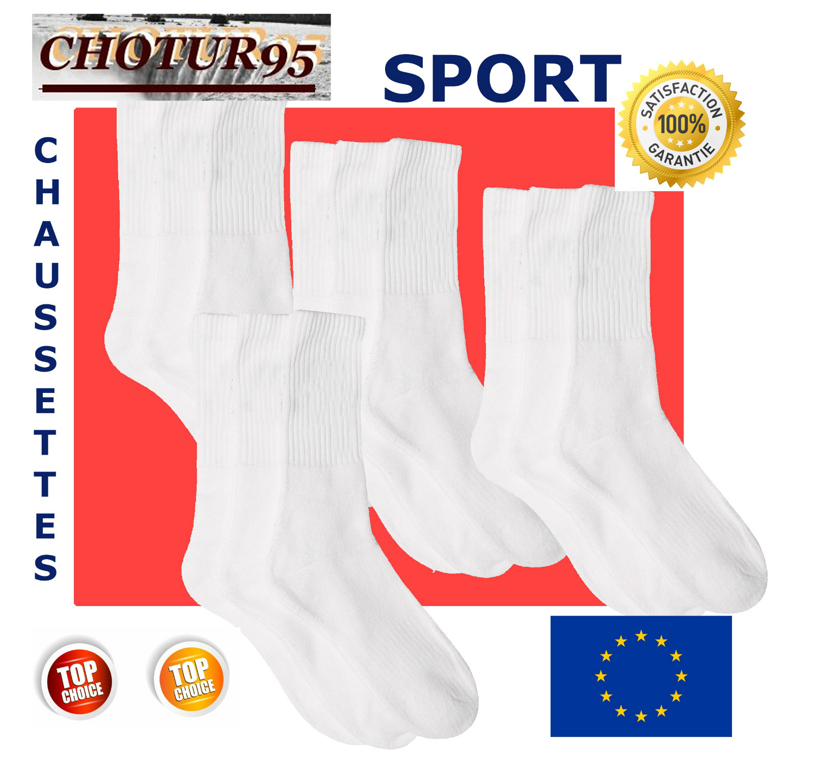 12 Paires de Chaussettes de Tennis Sport BLANC ss MOTIF