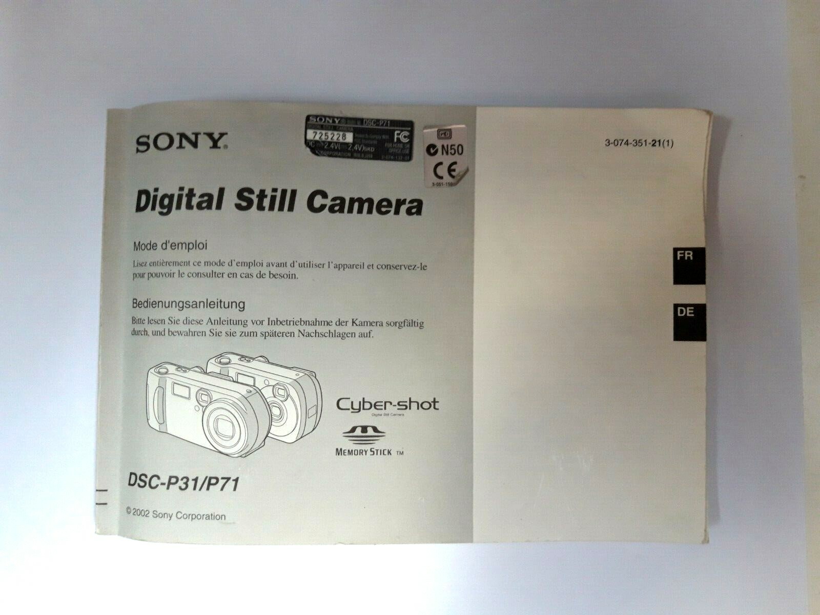 Mode d ’emploi appareil photo SONY DSC- P31/P71 Numérique Still Caméra