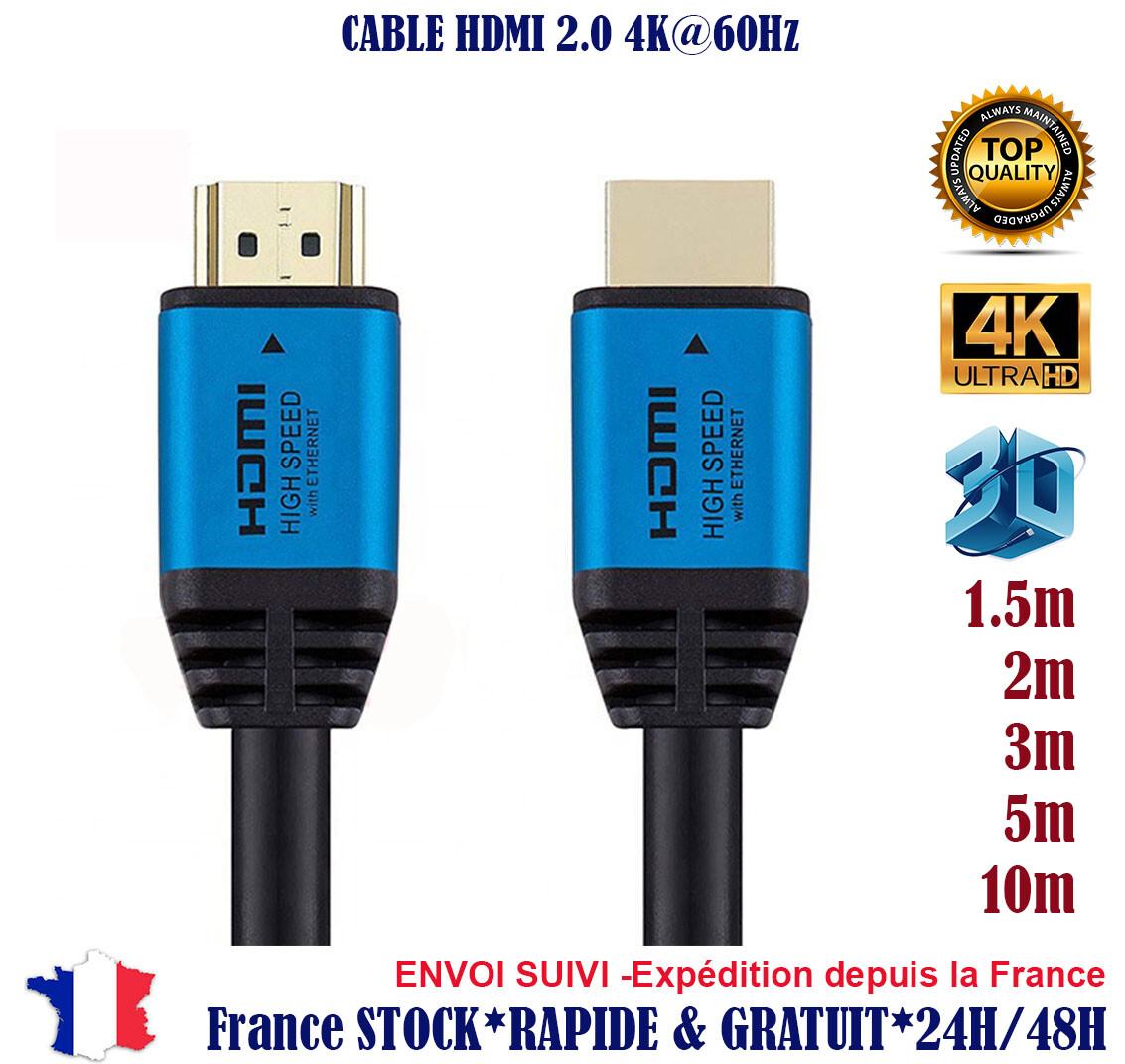 Cable hdmi 2.0 4K 60Hz ultra HD 2160p 3D Full HD HDTV Haute Vitesse 18GB