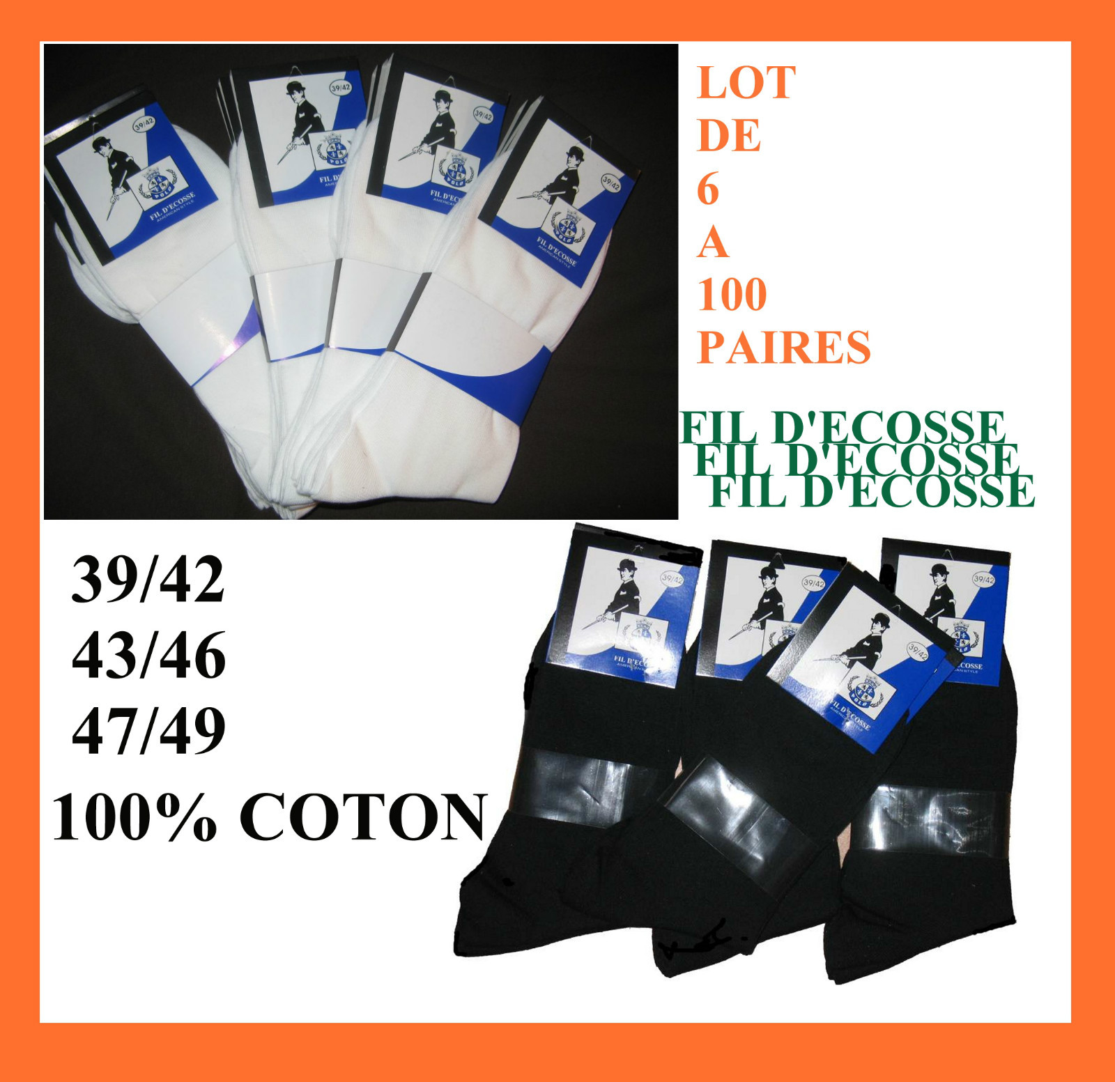 LOT DE 6 A 100 PAIRES DE CHAUSSETTES FIL D’ECOSSE – COTON – TAILLE COULEUR CHOIX LOT DE 6 A 100 PAIRES DE CHAUSSETTES FIL D’ECOSSE – COTON – TAILLE COULEUR CHOIX
