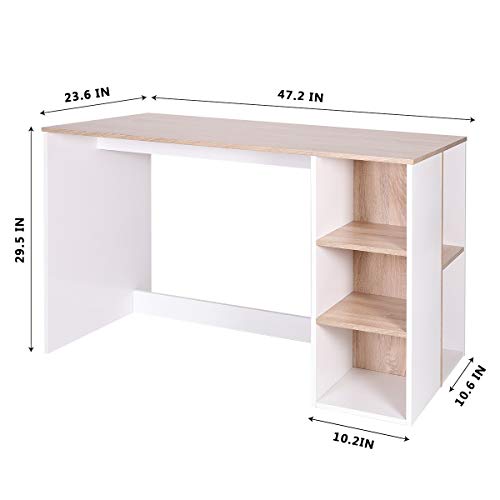 Bureau Informatique Table d’Ordinateur Commode de Maquillage avec Étagère de Rangement Ouvert Blanche et Bois