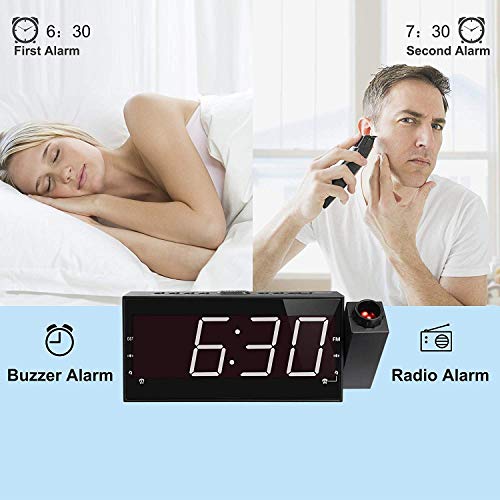 Radio-Réveil Projection Horloge Lumière à LED 7″ Radio FM, 12 / 24H, Minuterie De Sommeil, Port de Recharge USB, Double Alarme, Batterie de Secours