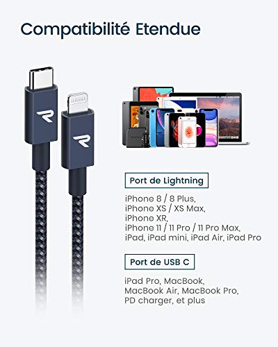 RAMPOW Câble USB C vers Lightning MFi Certifié, Câble Lightning USB C Power Delivery Nylon Tressé pour iPhone 12/11/11…