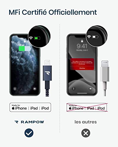 RAMPOW Câble USB C vers Lightning MFi Certifié, Câble Lightning USB C Power Delivery Nylon Tressé pour iPhone 12/11/11…