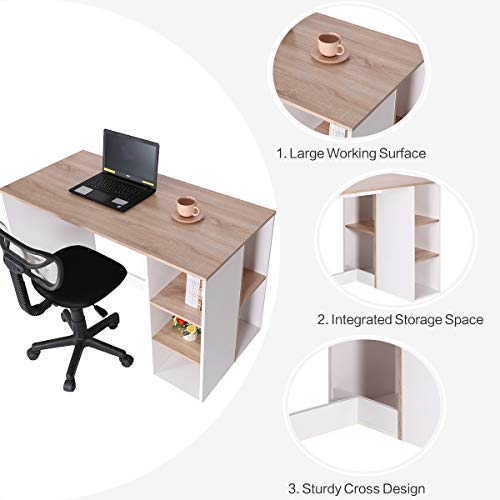 Bureau Informatique Table d’Ordinateur Commode de Maquillage avec Étagère de Rangement Ouvert Blanche et Bois
